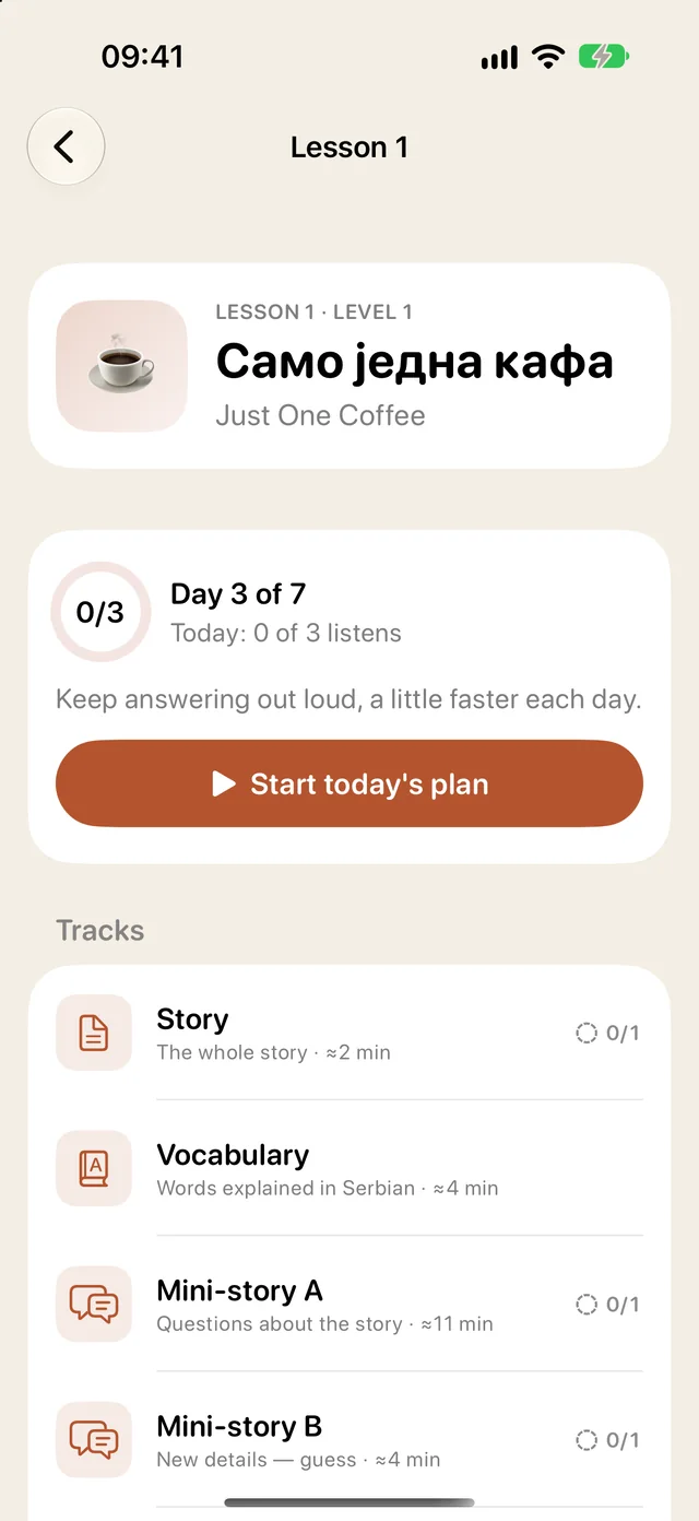 The lesson page for “Само једна кафа”: day 3 of 7, today's plan and the lesson's tracks